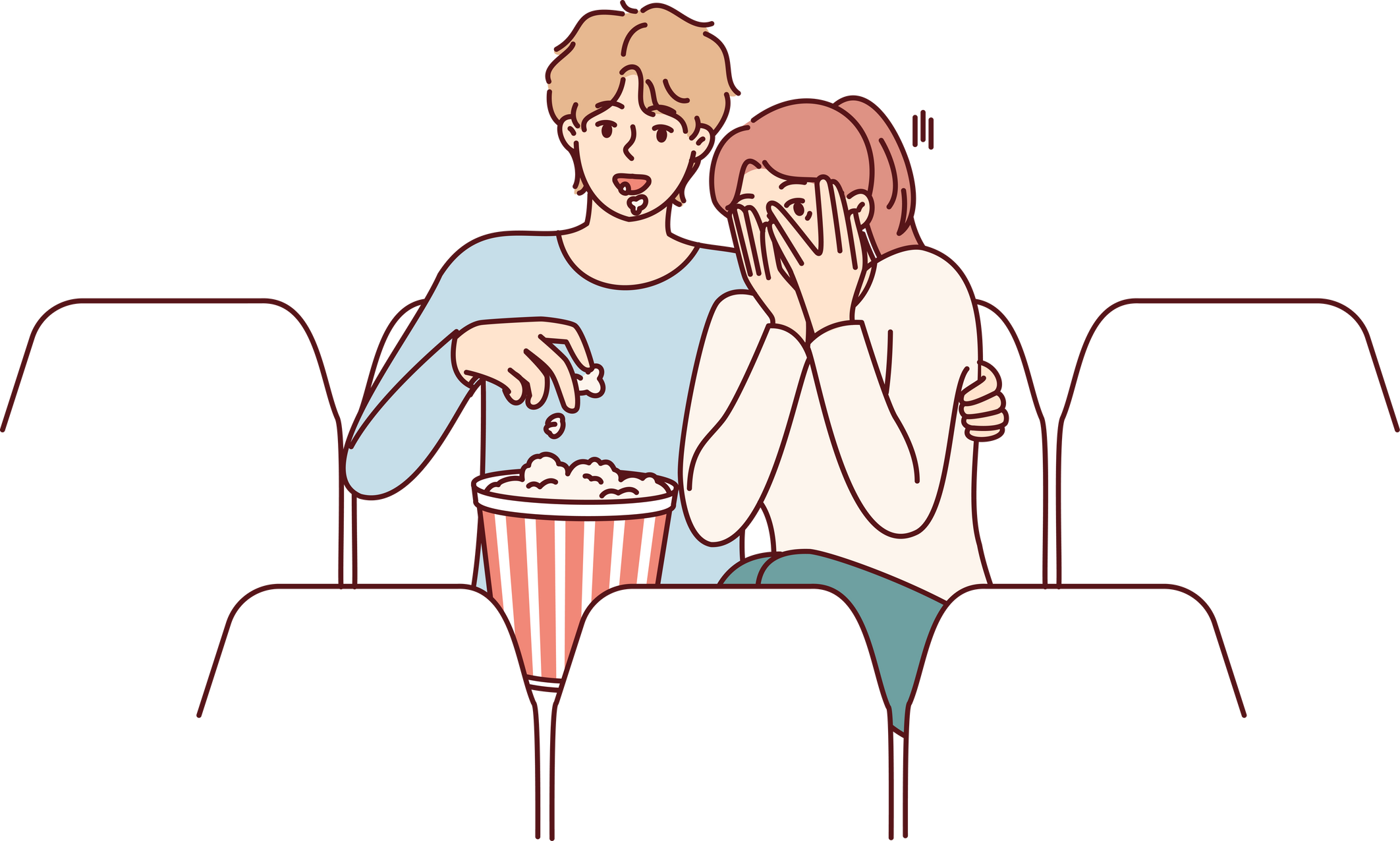 Guy and girl are watching horror movie in cinema and eating popcorn enjoying films about vampires