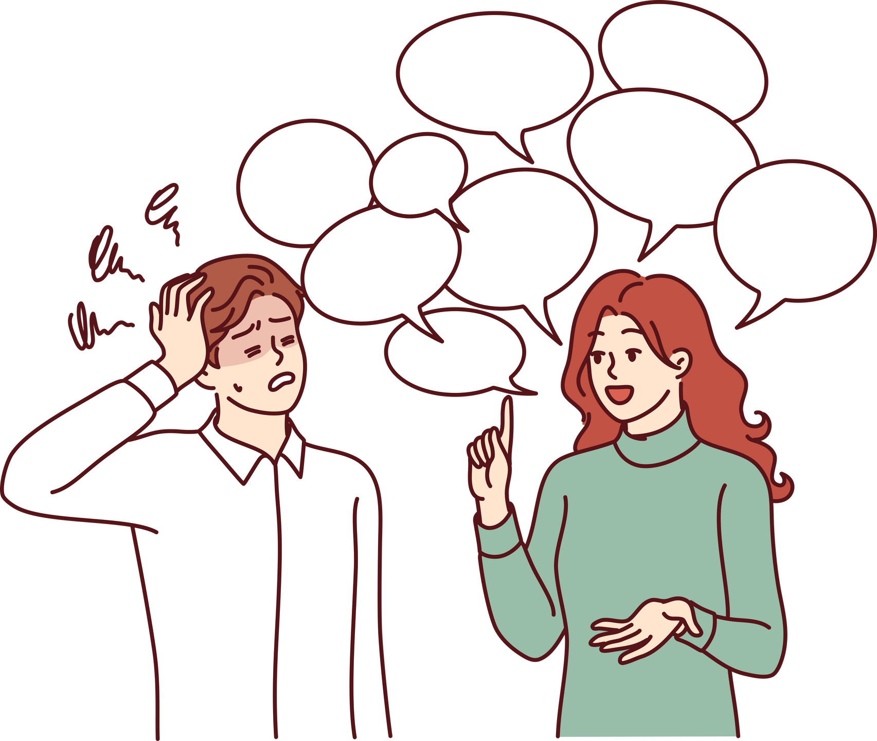 Chatty woman irritates man clutches head and does not want to listen to girl standing among speech bubbles. Guy is experiencing tension and discomfort due to chatty girlfriend spreading gossip.