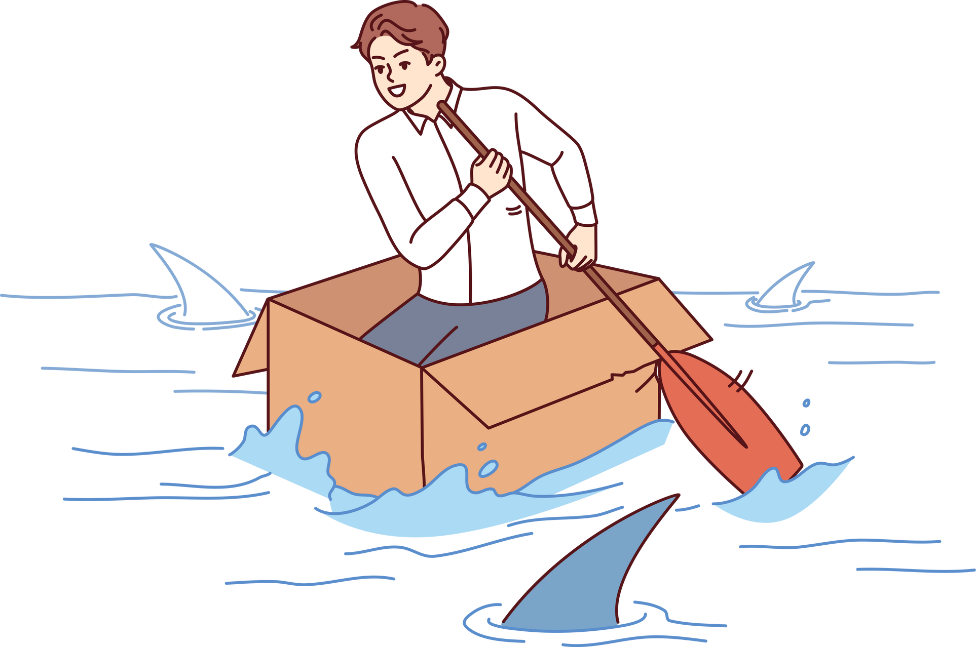 Brave business man shows no fear, overcoming crisis and floating in box in river with sharks. Ambitious guy strives for success in business without paying attention to risks and dangers along way